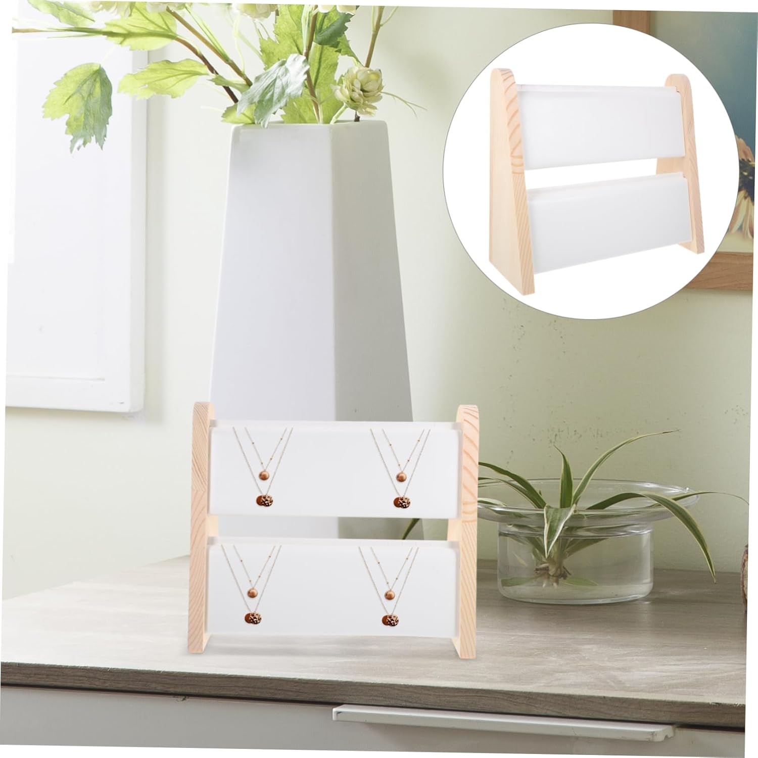 Double Layer Wooden Necklace Display Stand Elegant Jewelry Organizer for Necklaces and Pendants Large Capacity Slot Tabletop Holder Lightweight Solid Wood Frame for Retail Home Use