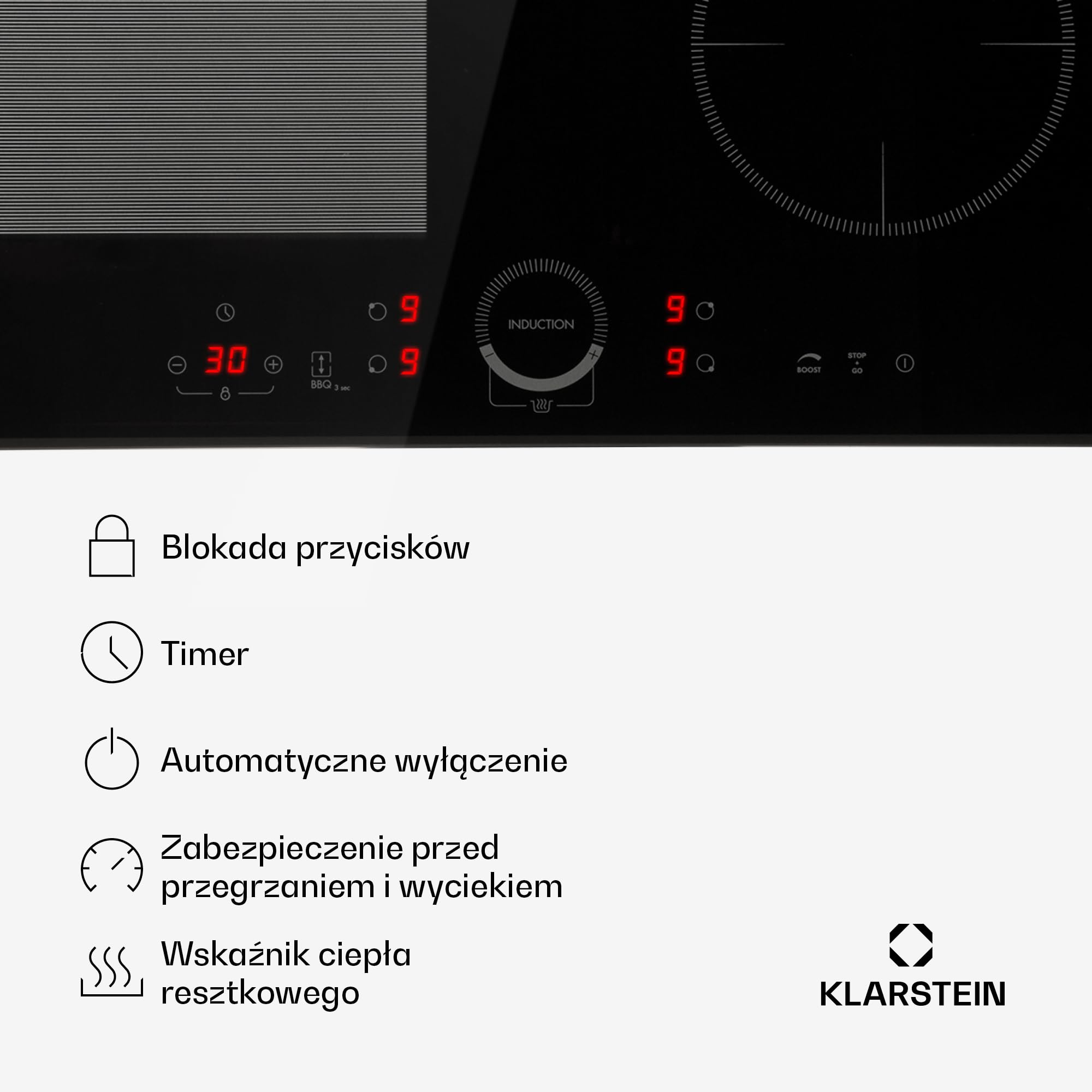 Klarstein Delicatessa 60 Hybrid płyta indukcyjna - 60cm, 4-strefowa płyta do zabudowy, 7000W ThermoBoost, sterowanie dotykowe, timer i blokada rodzicielska, czarne szkło ceramiczne
