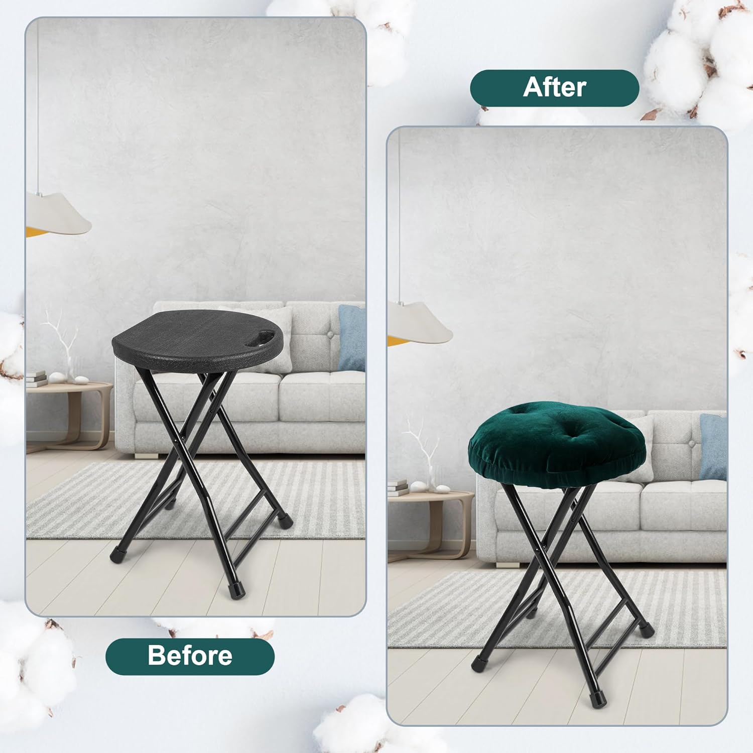 2 Pack Folding Stool with 2 Pack Seat Cushion, Folding Chair with Handle,Folding Bar Stool with Non-Slip Feet,600 lbs Capacity,Indoor and Outdoor Foldable Stool for Adults(Dark Green)