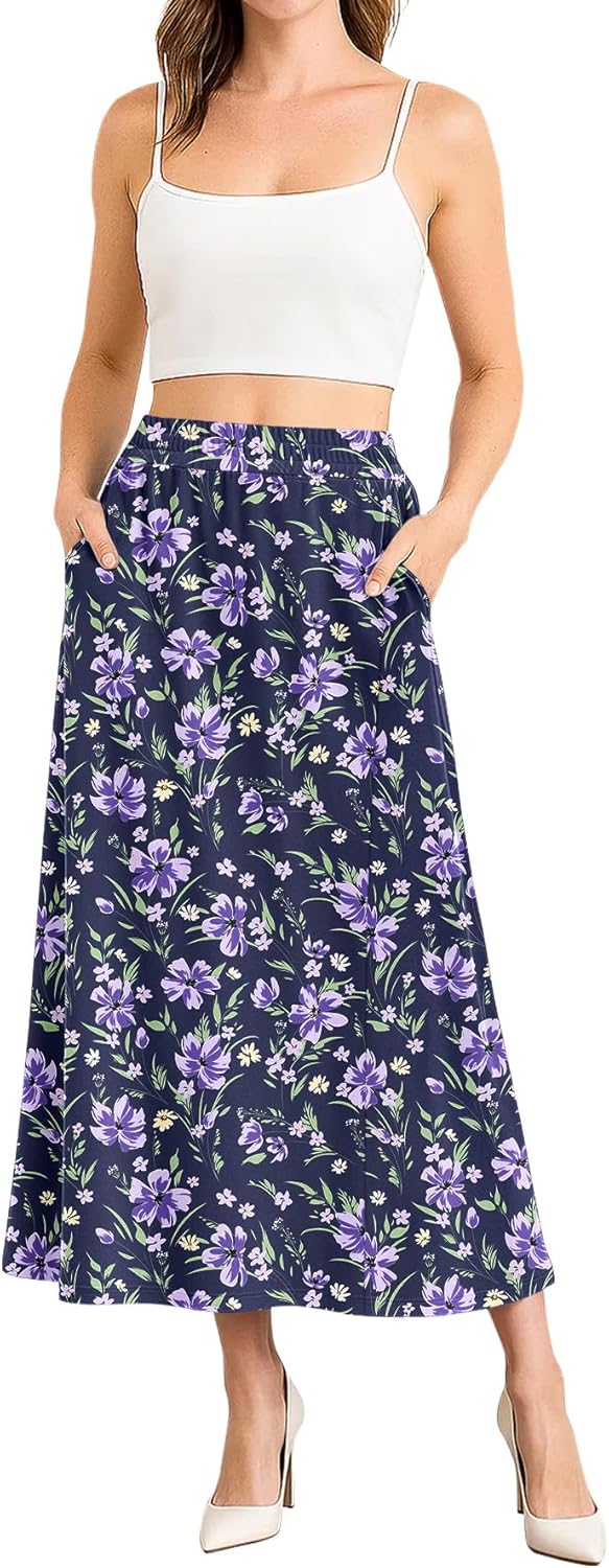 NILOUFO Women Trendy Maxi Skirts Casual High Waisted Elastic A-Line Long Skirt with Pockets