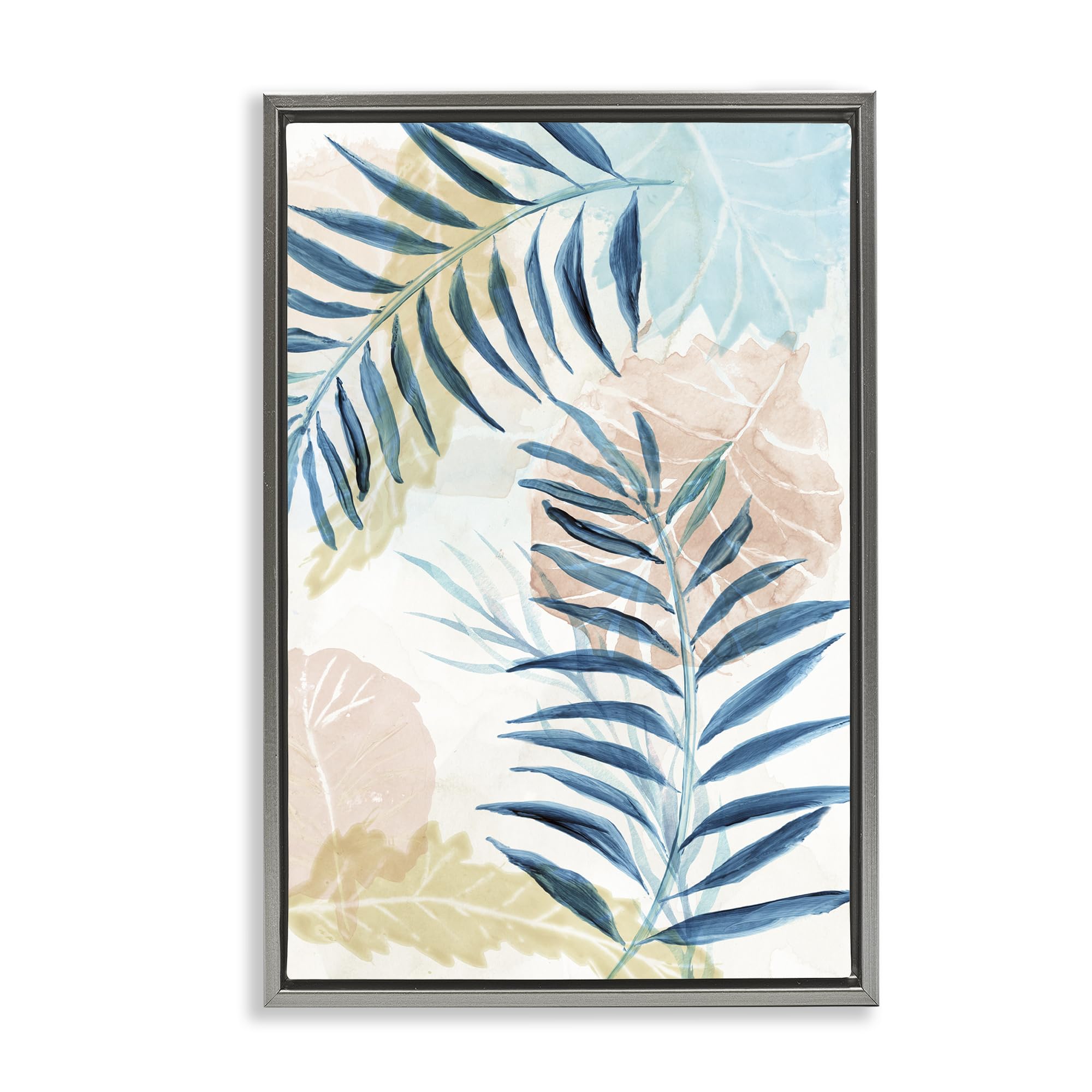 Stupell Industries 'Blue Palm Fronds in Pastel Haze', Floating Frame Canvas Art, Gray, 21 x 31 Inches, Easy to Hang and Sturdy, Made in USA, by Nan