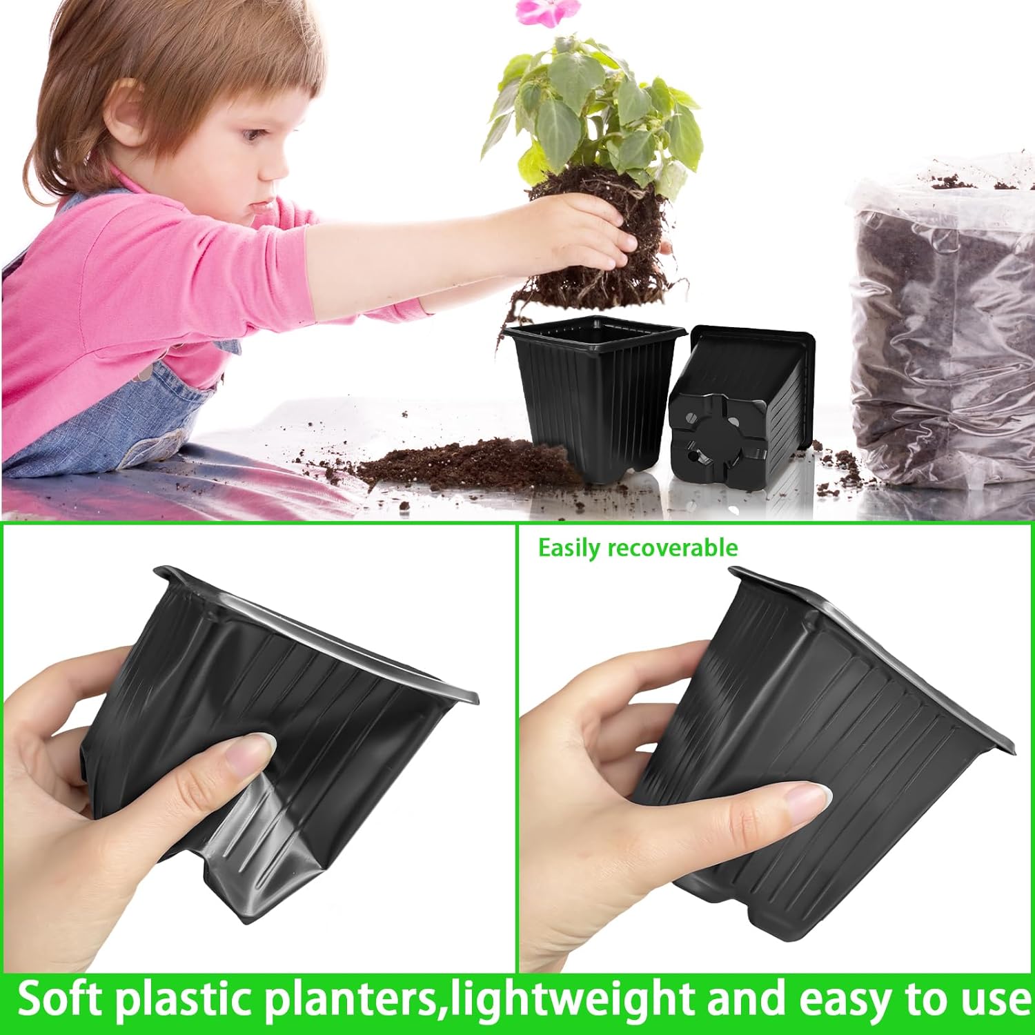 Anyumocz 100Pcs Square Plant Nursery Pots,3.5 Inch Plastic Pots with Drainage Holes,Reusable Seed Starter Pots for Flowers,Vegetables,Garden Planting,Transplanting,Succulents,Cuttings(Black) - Image 4