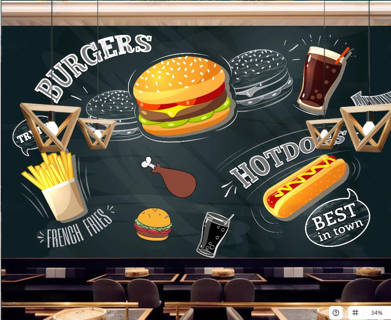 Rskjdghshd 3D Wallpaper Modern Hand-Painted Burger Fried Chicken Fast Food Restaurant Western Restaurant Living Room Background Wall Wallpaper Drink Coffee Shop Mural,,150X105cm