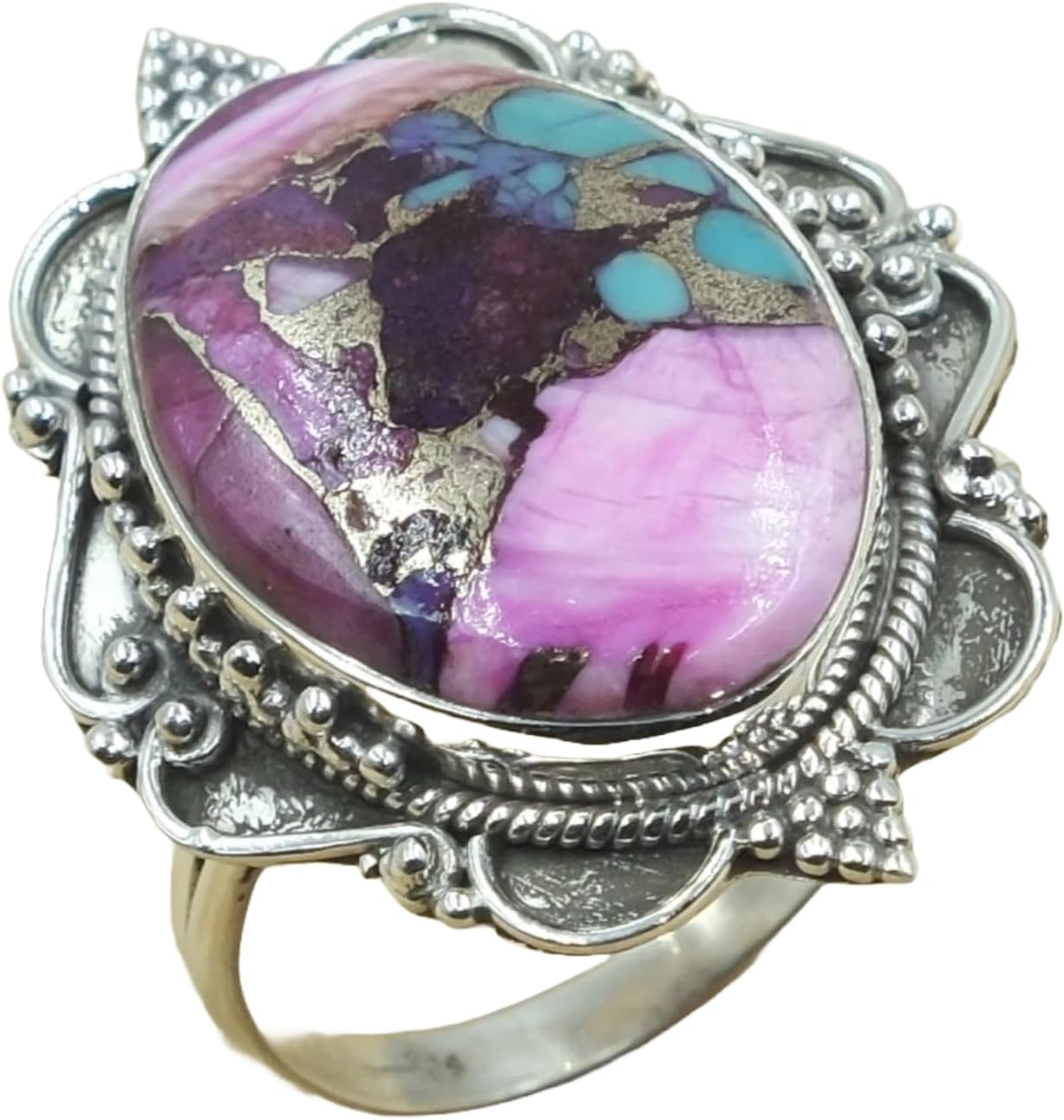 Natural Pink Dahlia Copper Turquoise Gemstone Pure 925 Sterling Silver Handmade Unique Design Statement Promise Ring Jewelry Gift for Women