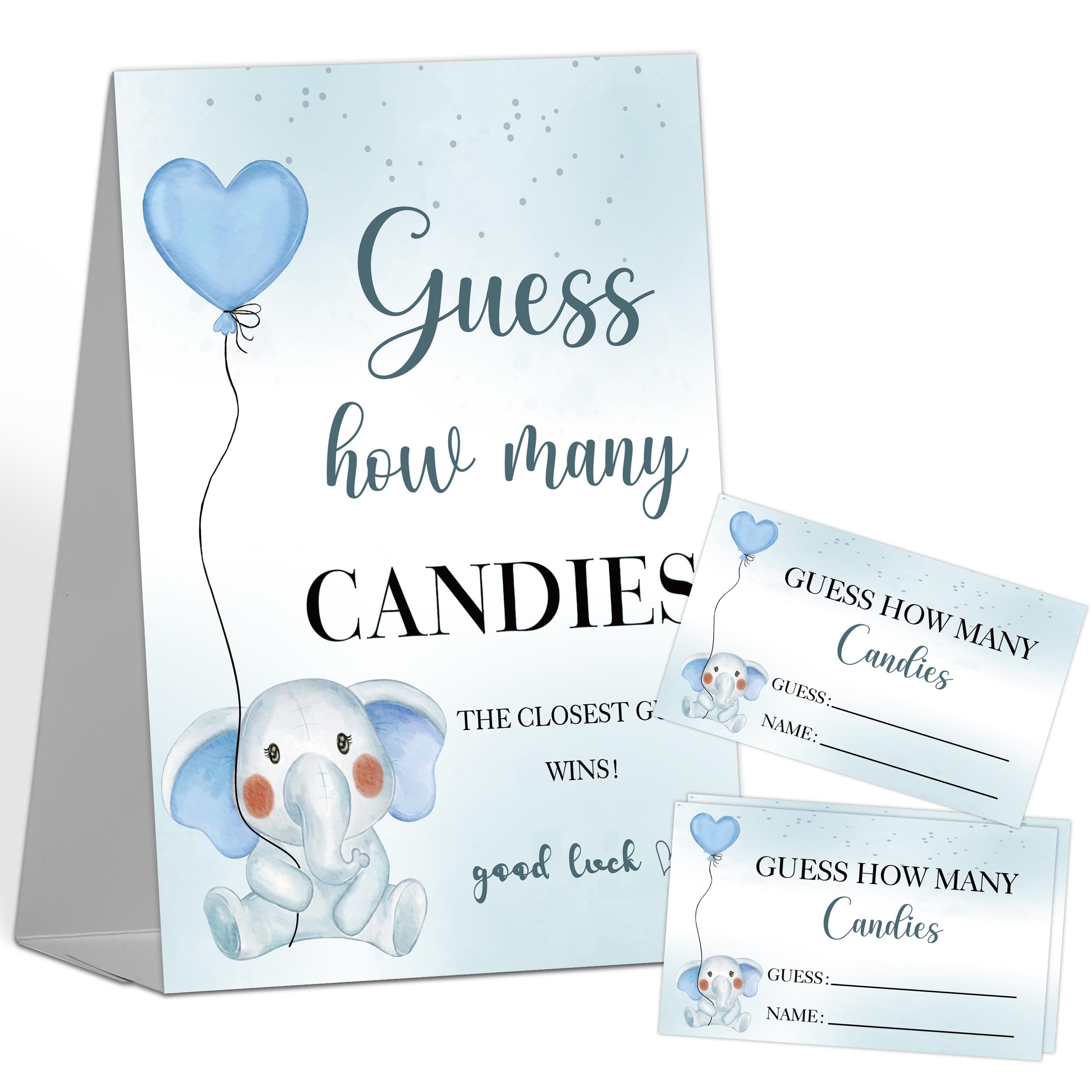 Guess How Many Candies Baby Shower Games, 1 Sign with 50 Cards, Balloon Elephant Candy Guessing Game, Guess How Many Gender Reveal Games for Party