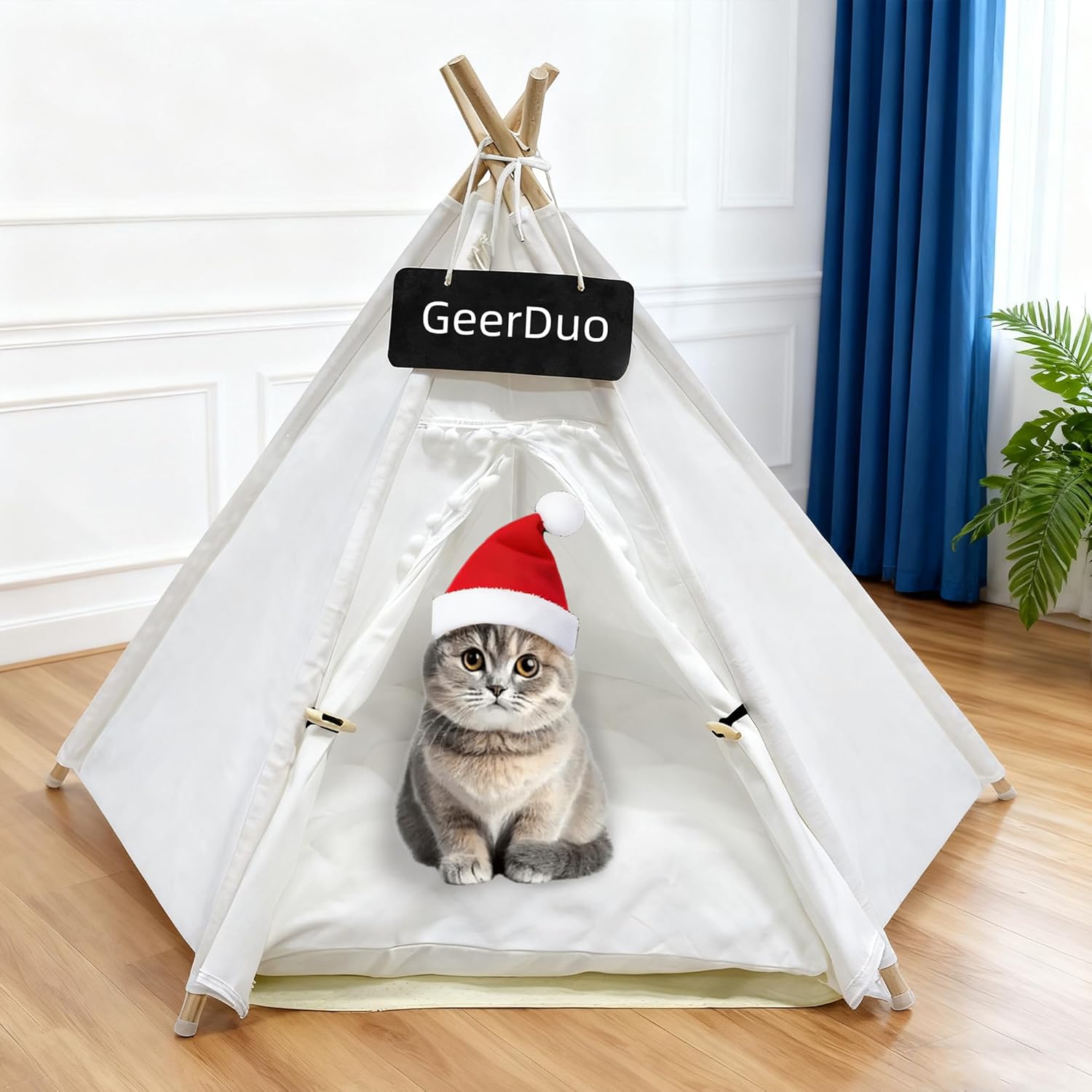 Pet Teepee Tent for Small Dogs or Cats, Protable Puppy Sweet Bed, Dog/Cat House with Thick Washable Cushion(Striped,28in) White,28"