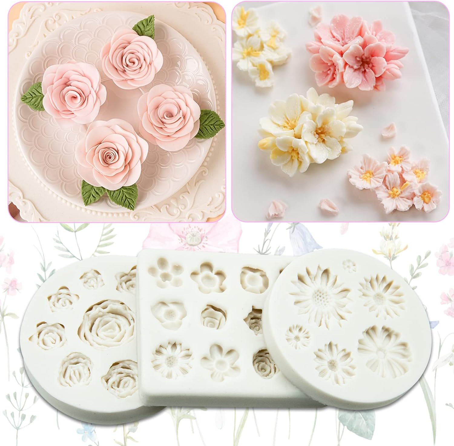 3 Pcs Flower Molds Flower Silicone Mold Flowers Fondant Mold Set Cake Baking Mold Sugarcraft Candy Chocolate Molds Polymer Clay Mold for DIY Soap Jewelry Casting DIY Crafting Projects