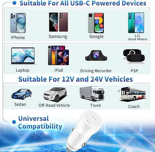 Miniatura 7 de Apple MFi Certified iPhone 15 Fast Car Charger, Adeqwat 72W PD Dual USB-C Power Cigarette Lighter Rapid Car Charging + 2Pack Type-C Charge Cable for