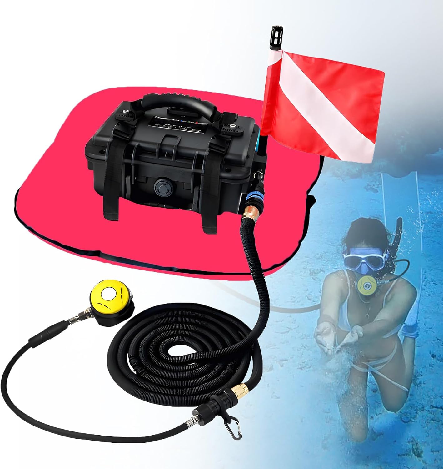 Electric Diving Ventilator 60-70Min, Portable Rechargeable Tankless Diving System, Waterproof Air Compressor, with Diving Breathing Regulator for Recreational Snorkeling & Fish Red-SingleBattery