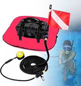 Electric Diving Ventilator 60-70Min, Portable Rechargeable Tankless Diving System, Waterproof Air Compressor, with Diving Breathing Regulator for Recreational Snorkeling & Fish Red-DualBattery