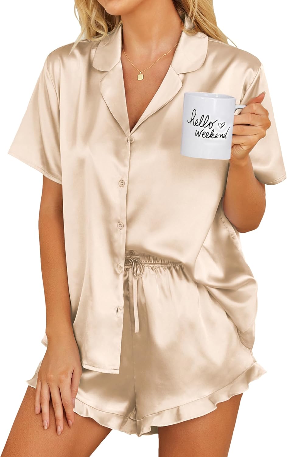 Ekouaer Womens Satin Pajamas Set Button Down 2 Piece Silk Pjs Shorts Set Ruffle Lingerie Notch Collar Sleepwear