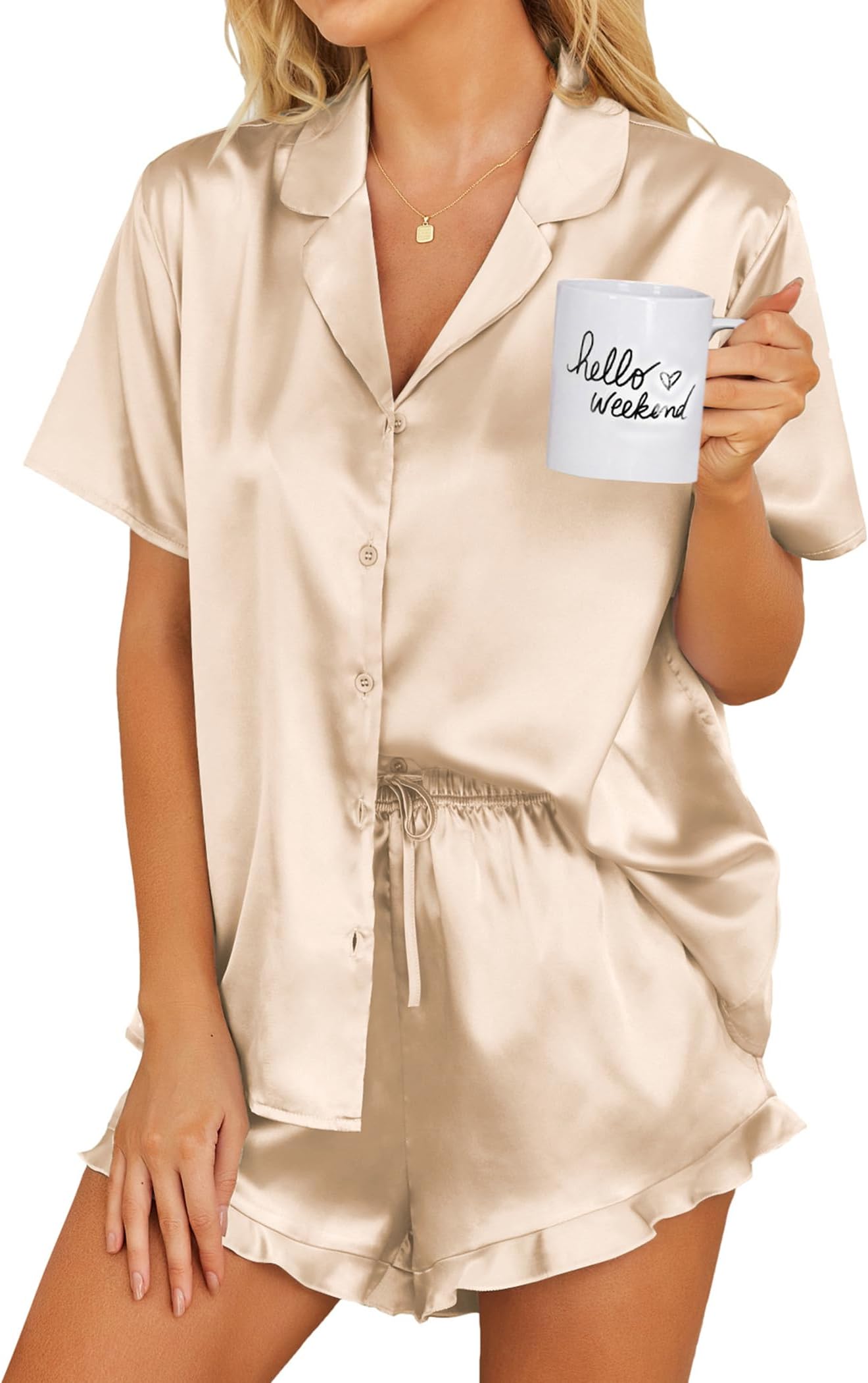 Ekouaer Womens Satin Pajamas Set Button Down 2 Piece Silk Pjs Shorts Set Ruffle Lingerie Notch Collar Sleepwear