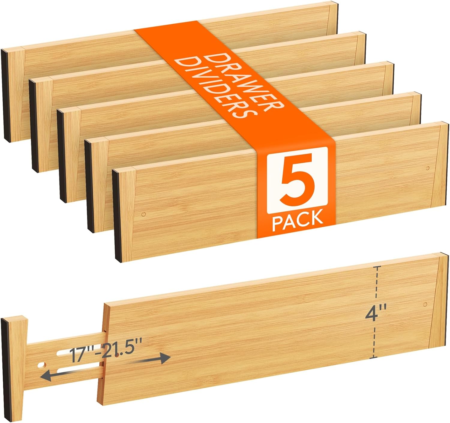 Lifewit 5 Pack 4″ High Bamboo Drawer Dividers, 17-21.5″ Adjustable Drawer Organizers for Clothes, Wood Dresser Drawer Divider, Expandable Deep Drawer Separators for Dresser, Kitchen, Bedroom, Bathroom