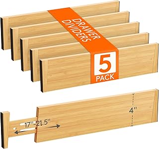 Lifewit 5 Pack 4" High Bamboo Drawer Dividers, 17-21.5" Adjustable Drawer Organizers for Clothes, Wood Dresser Drawer Divider, Expandable Deep Drawer Separators for Dresser, Kitchen, Bedroom, Bathroom