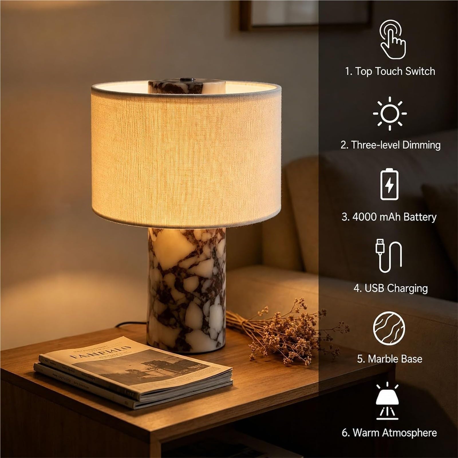 Lampada Tavolo Moderna Con Controllo Touch, Lampada In Marmo, Ricaricabile