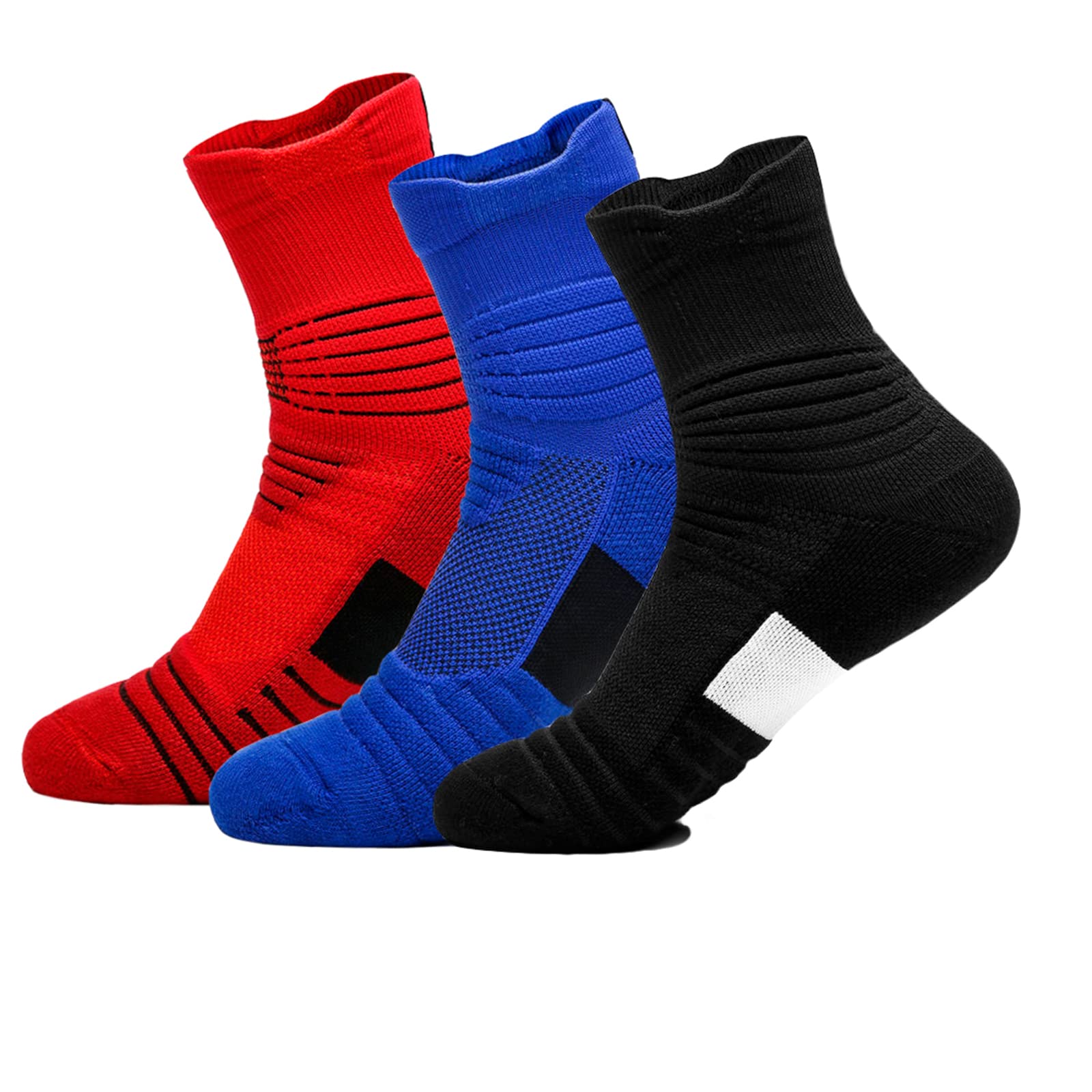 YoknattBlack Red Blue Performance Ankle Athletic Socks Elite Youth Basketball Socks for Mens Womens Boys Crew Socks Cushion Sports Active Baseball Cycling Running Compression Socks 3 Pack