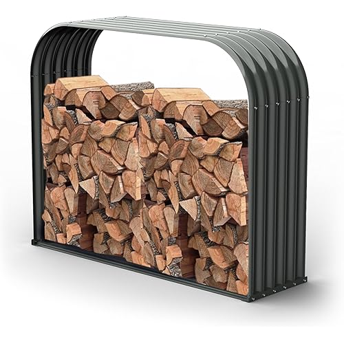 A ANLEOLIFE Galvanized Steel Firewood Storage Shed Outdoor Corrugated Metal Log Rack, Heavy Duty Log holder Lumber Storage Stand -Trio Gray