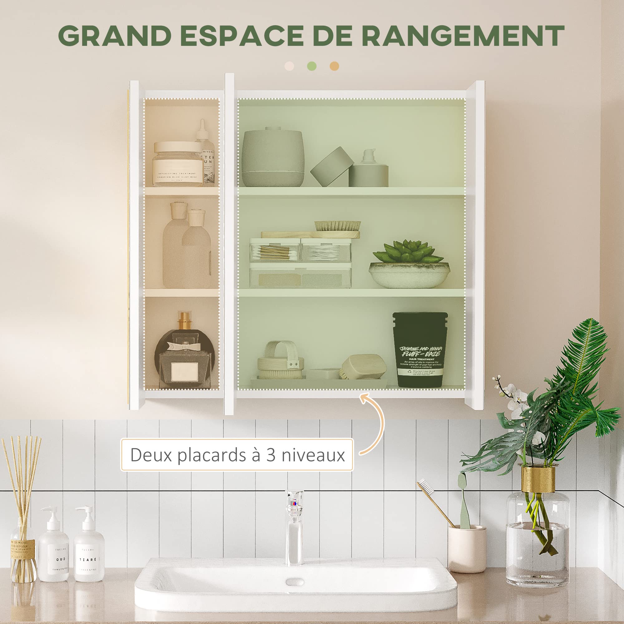 kleankin Armoire Miroir Salle de Bain Armoire de Toilette Miroir 3 Portes 4 étagères réglables 68 x 22 x 60 cm Aspect chêne Clair - Blanc
