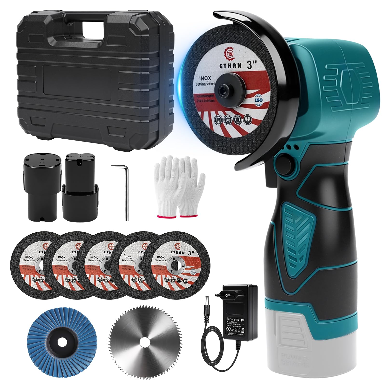 Mini Amoladora Angular BateríA, 22000rpm 18V 76mm Mini Radial PequeñA De BateríA Amoladora Inalambrica Con 2 BateríAs 1300mah Y 7 Discos Para Metal, Madera, Azulejos Pulir, Lijar, Cortar
