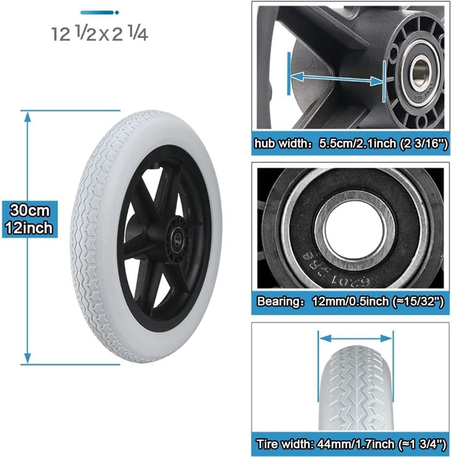 NLAVW Assemblaggio Ruote Posteriori per Sedia a rotelle 12 Pollici, 12 1/2 x 2 1/4, 2PC Ruote di Ricambio Pneumatico Solido Grigio, Accessori per Ruote Posteriori