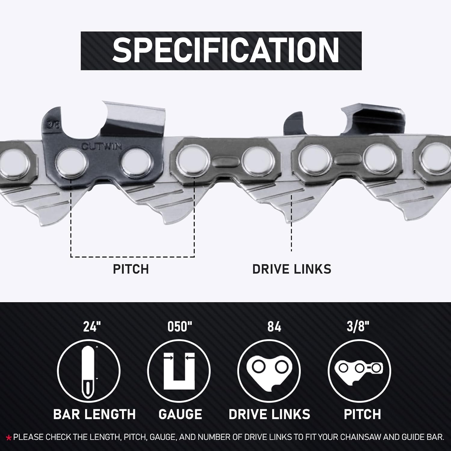 24 Inch Chainsaw Chain 3/8" Pitch, 0.050" Gauge, 84 Drive Links Fits for STIHL,Husqvarna,Echo,Ryobi,Greenworks,Ego,Poulan Pro,Craftsman and More (3 Chains)