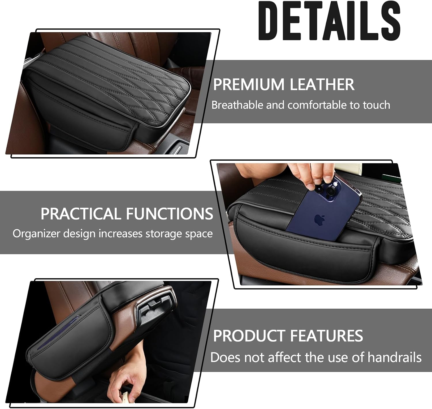 wuyaoyao Car Center Console Cover, Leather Car Armrest Box Cover, 12.40"×8.46"×1.97" Arm Rest Pad with Pockets, Soft Auto Armrest Storage Box Protector, Universal Interior Car Accessories (Black)