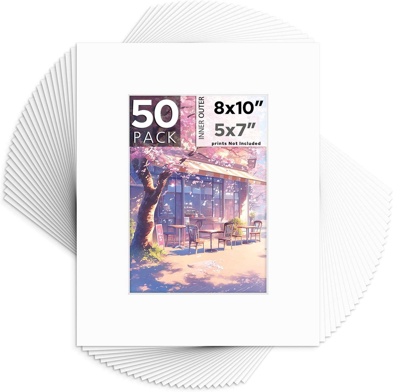 Mat Board Center, Pack of 50, 8x10 for 5x7 White Mats - Acid Free, 4-ply Thickness, White Core - for Pictures, Photos, Framing