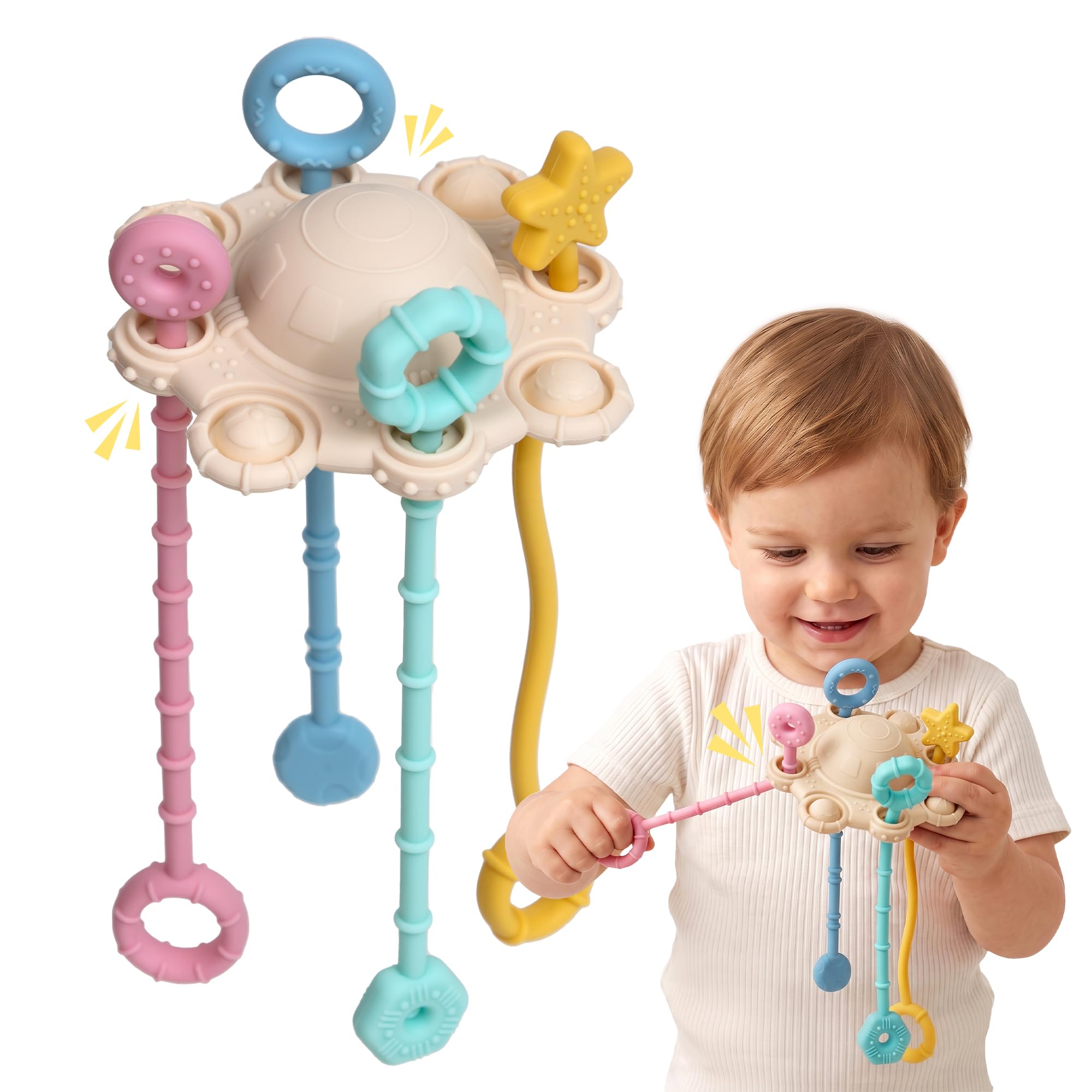 Montessori - Juguete de cuerda para bebés, juguete de desarrollo temprano de silicona de grado alimenticio, juguete de viaje para habilidades motoras finas, regalos sensoriales (color crema)