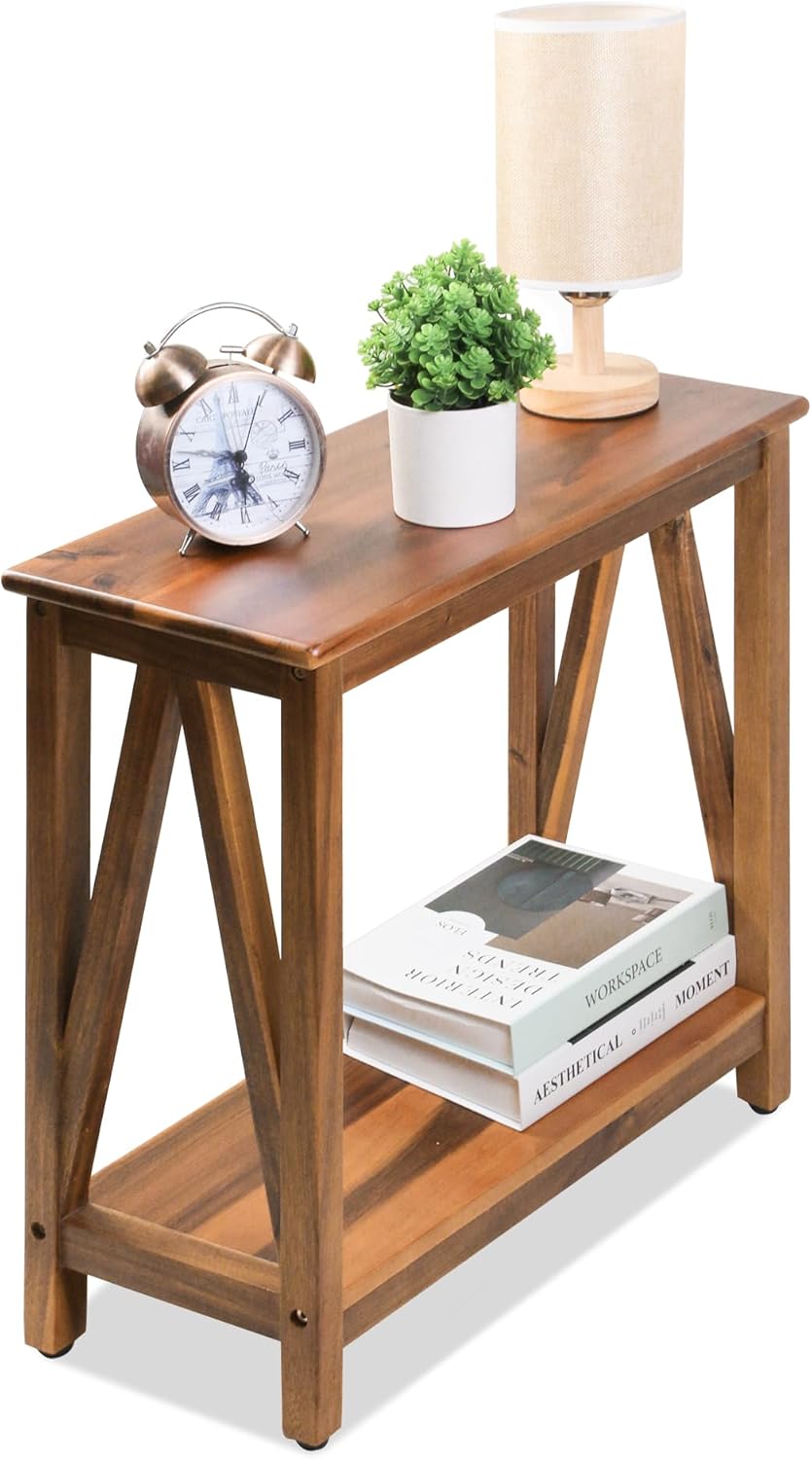ENKEZI Narrow End Table with Shelf – Slim Side Table, Nightstand for Small Spaces, Bedroom, Living Room, Balcony or Outdoor Use (Minimalist A)