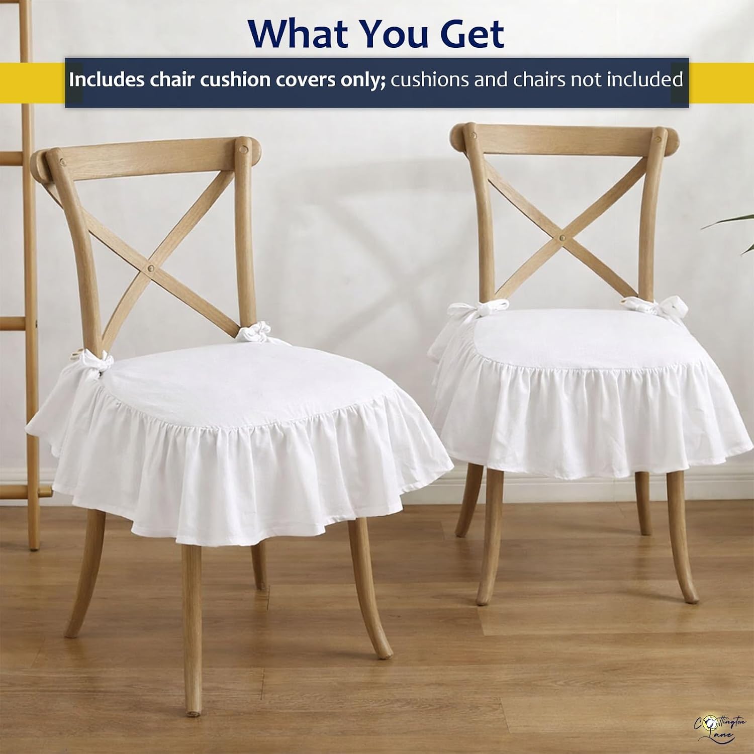 Cottington Lane Ruffled Chair Cushion Covers Pack of 4, Premium Egyptian Cotton 17.5 x 17.5 x 2.5 Inch Square Chair Pad Slipcovers with Ties, Decorative Farmhouse Seat Covers Only, White