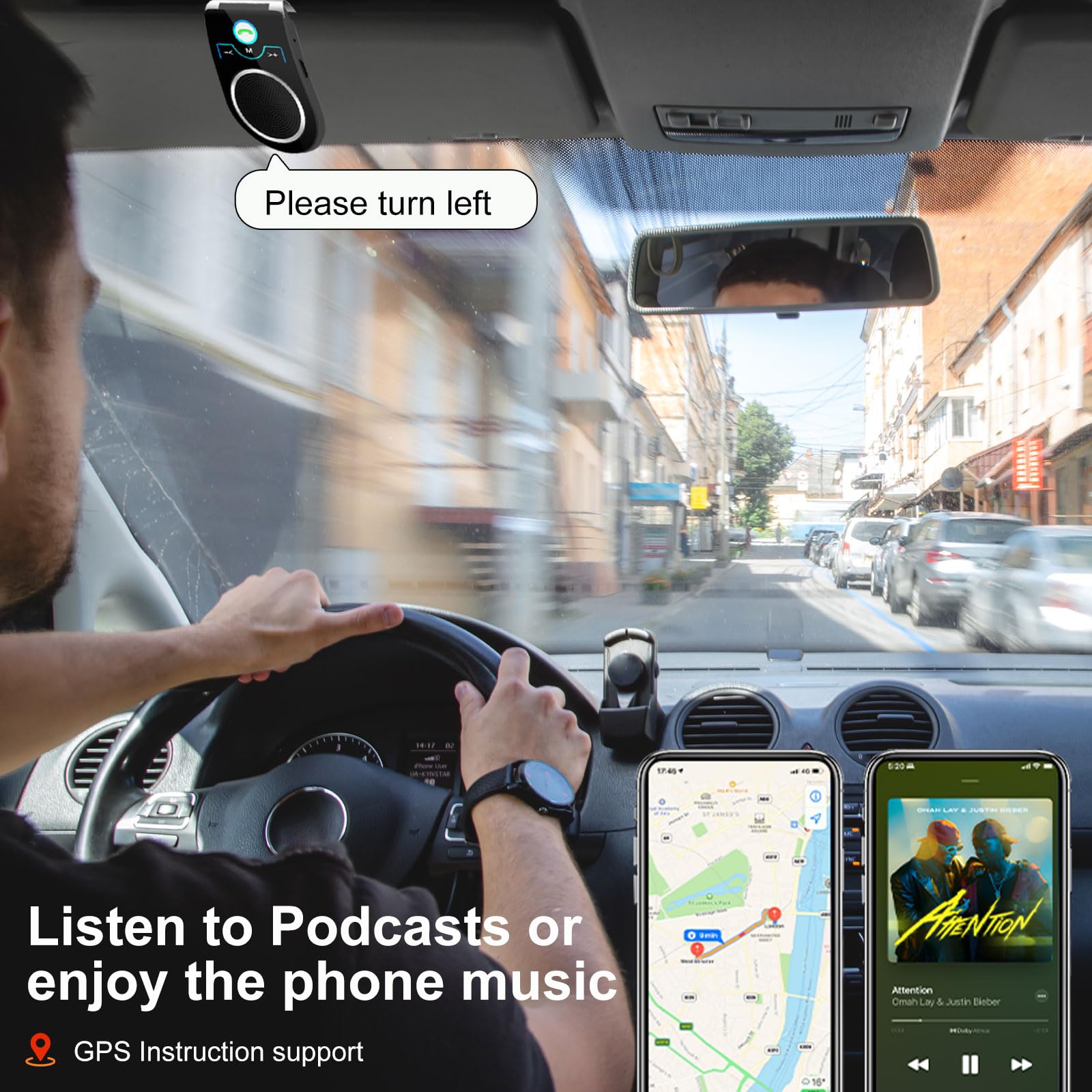 Manos Libres para Coche Bluetooth 5.0, Mini Manos Libres Inalámbrico con Siri y Google Assistant, Conexión de 2 Teléfonos Simultáneamente, Compatible con iPhone y Andriod para Llamadas y Musica