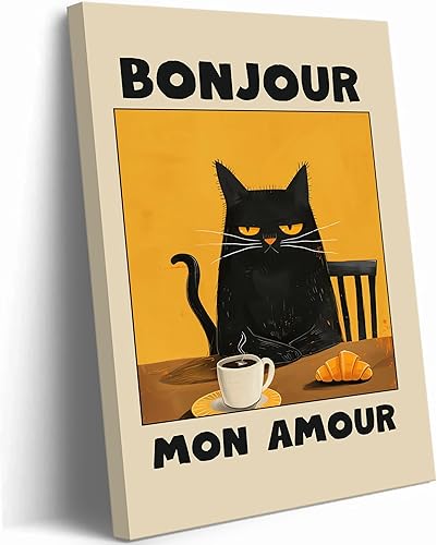 Lienzo enmarcado divertido de gato negro, arte de pared, diseño de gato francés, abstracto, beber, café, lindo, retro, gato negro, decoración de