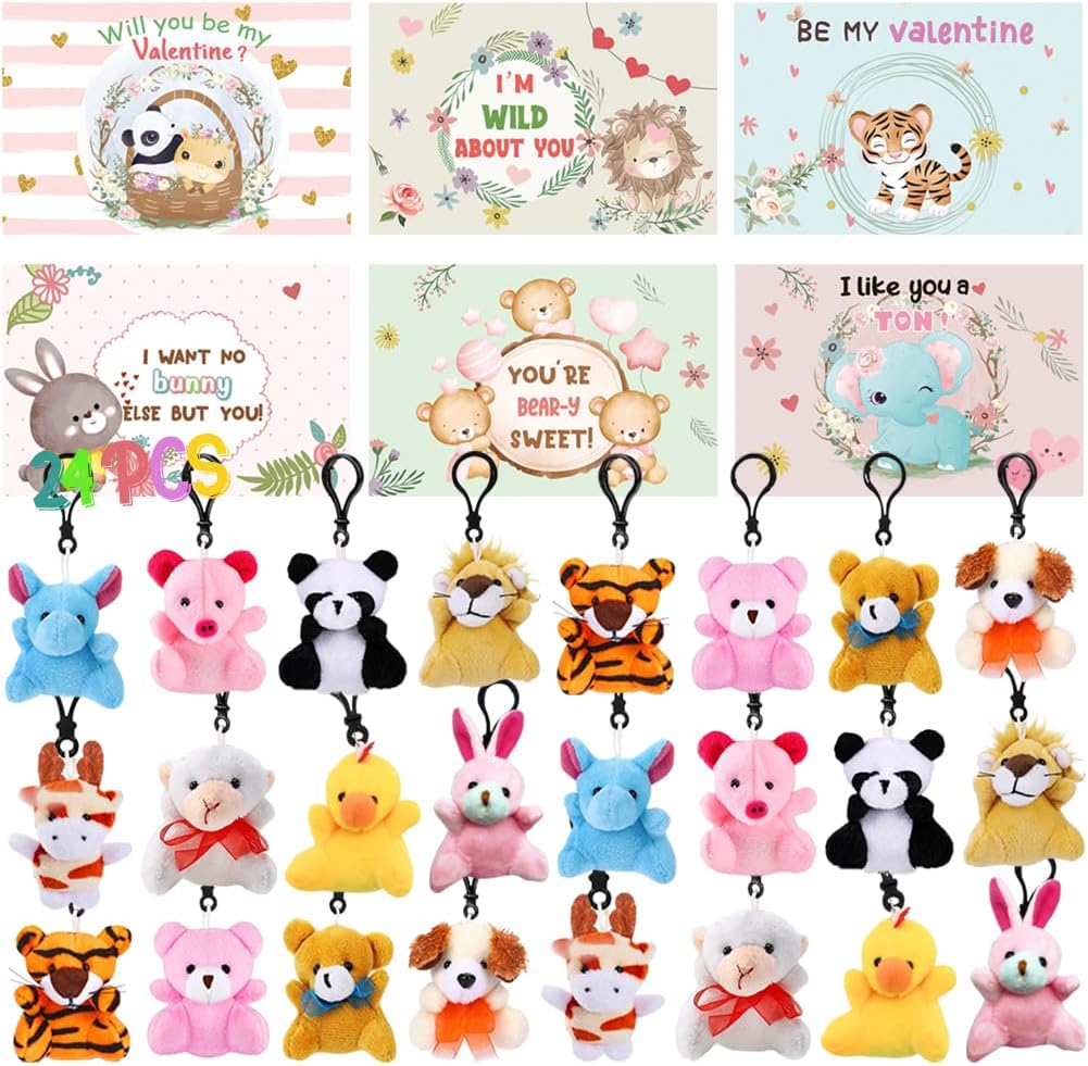 DINESILDINESIL 24 Pack Mini Plush Animals, Small Stuffed Animal Keychain Set for Kids Goodie Bag Fillers, Easter Basket Stuffers, Easter Party Favors, Classroom Prizes
