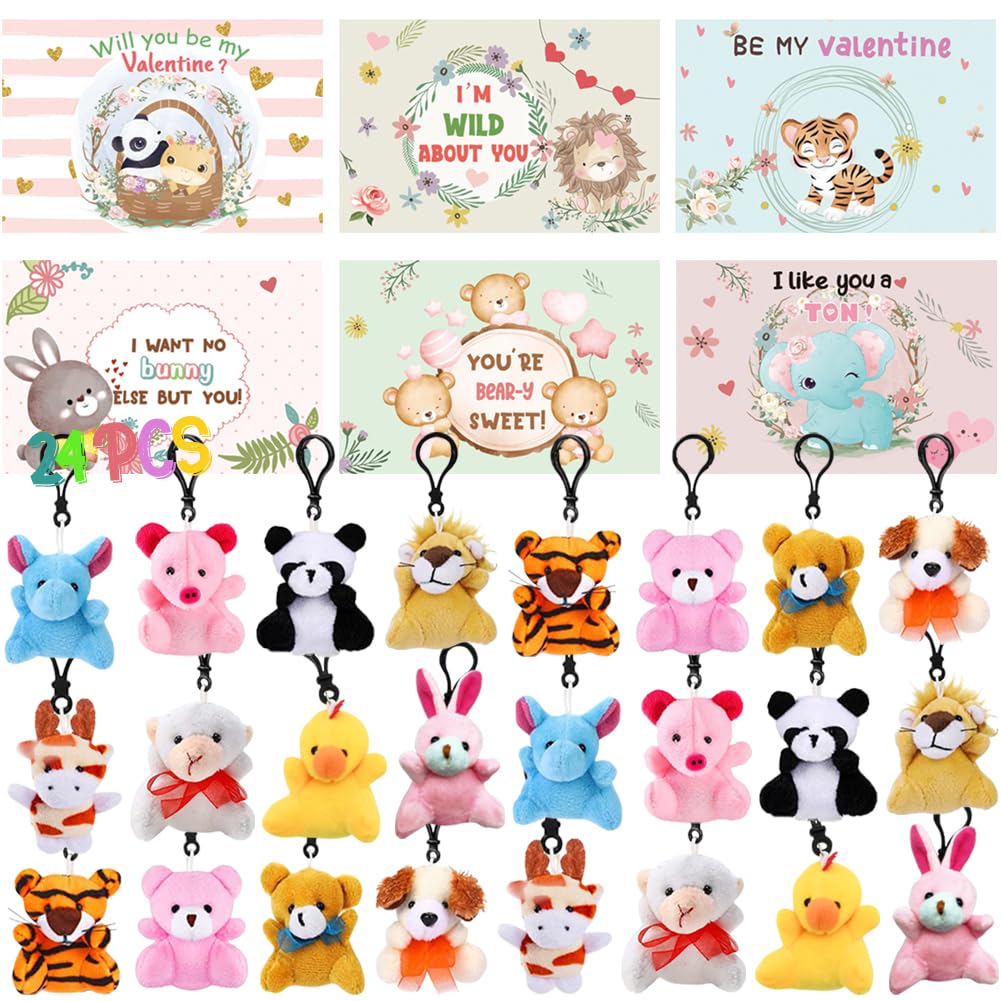 24 Pack Valentines Day Animal Plush Keychain with Valentines Cards, Stress Relief Plush Toy Animal Key Chain Set for Kids Valentine's Classroom Gift Exchange, School Rewards, Party Favors Supplies
