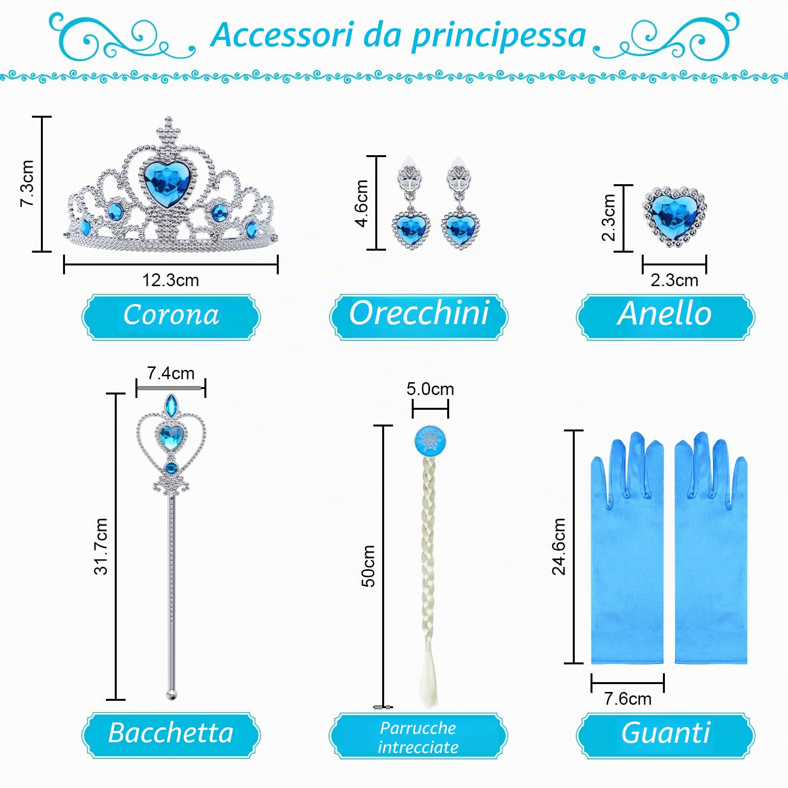 URAQT Vestito Set, Costume Vestito Bambina Principessa, Set da Principessa Corona Bacchetta Guanti Treccia, Cosplay Party Halloween Abito delle Ragazze di Natale Vestito Fantasia(100-150)