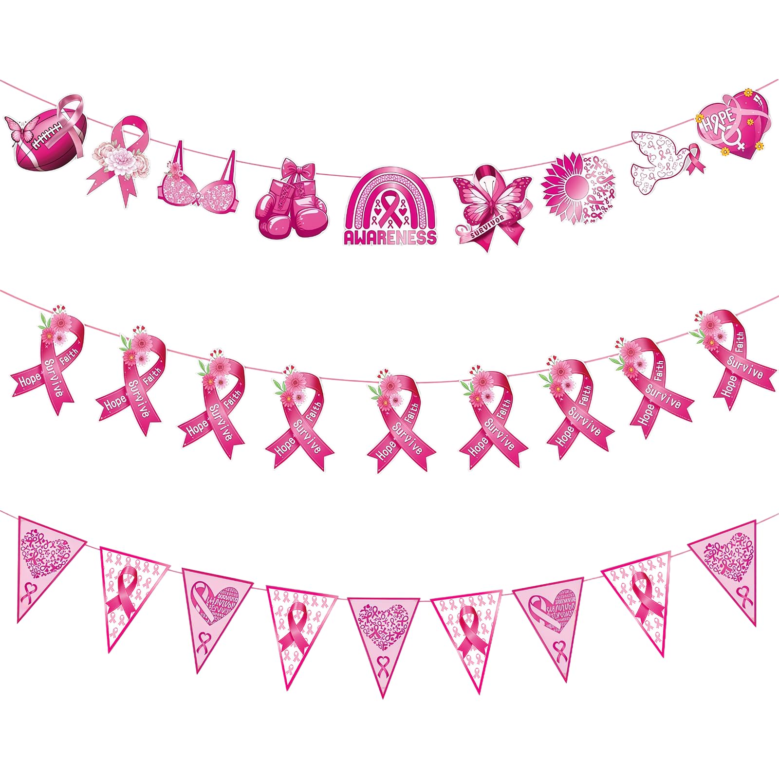 Glitzville 3pcs Breast Cancer Pennant Banners Pink Ribbon Pennant Banners Fight Cancer Theme Banner for Charitable Causes Survivor Party Supplies