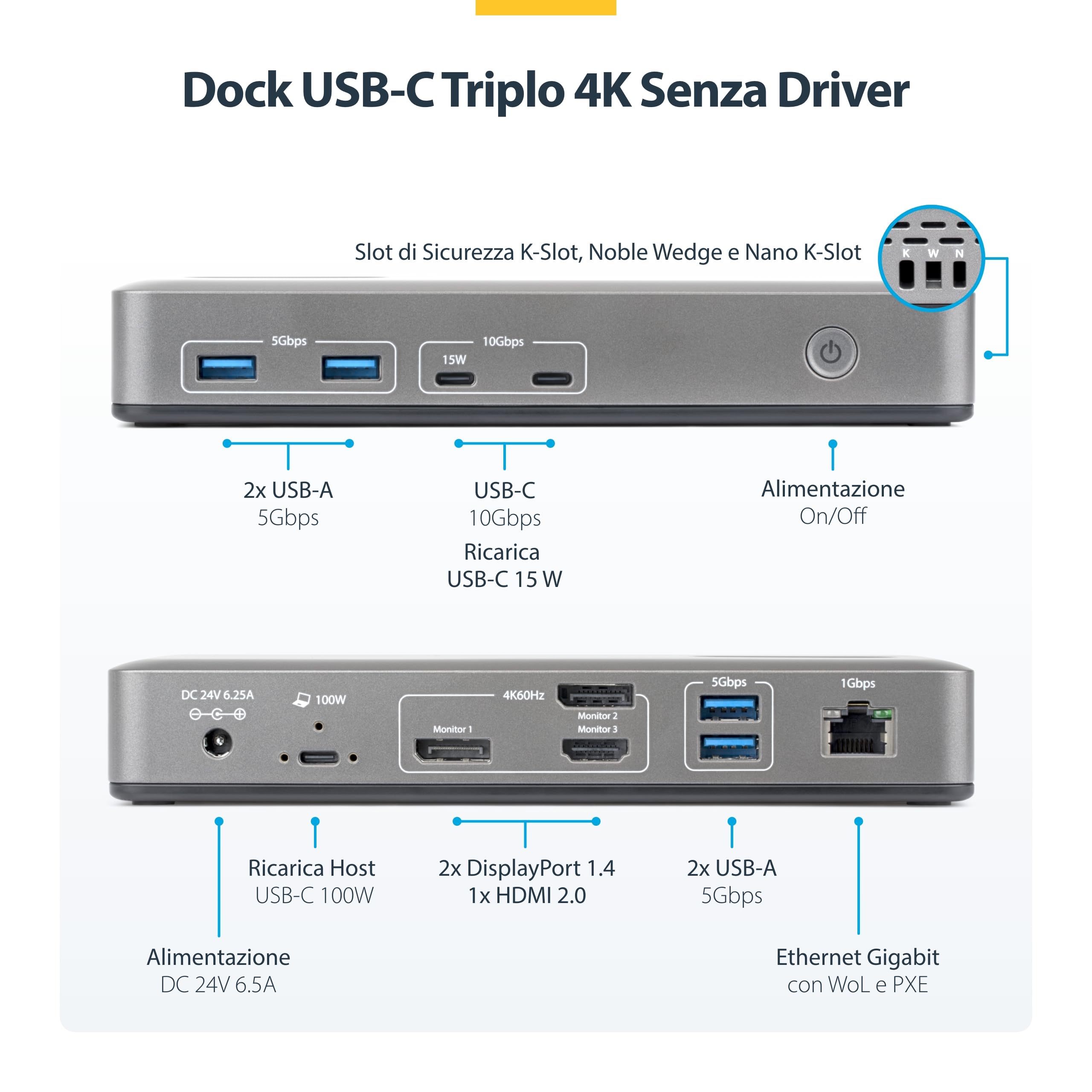 StarTech Dock USB-C Driverless Triplo 4K Windows, DP e HDMI, 100W, 1GbE | Ideale per laptop Windows, Triplo monitor, Power Delivery, Ricarica del notebook