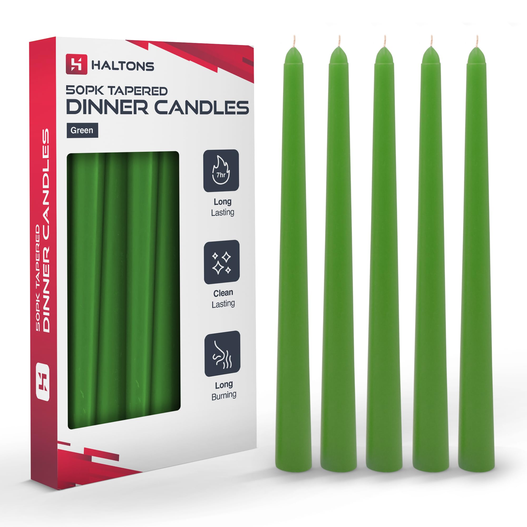 Haltons Tapered Dinner Candles - Unscented Long Candlesticks, 7-Hour Burn Time - Clean-Burning White, Green, Ivory, or Red Taper Candles - Elegant Design for Events, Weddings, and Home Decor (50 Pack)