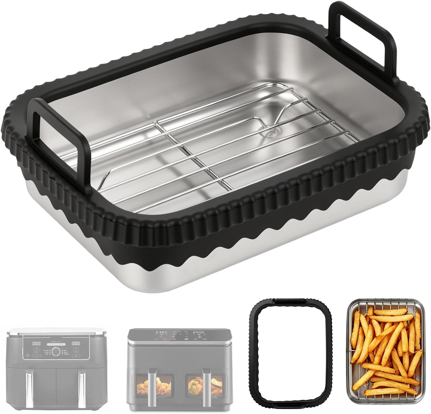 VINATO Stainless Steel Baking Mould with Cooking Grate and Silicone Handles, 21 x 16 x 5.5 cm, for Ninja AF400/AF451/AF500 Airfryer, Heat Resistant up to 400 °C, Oven Safe