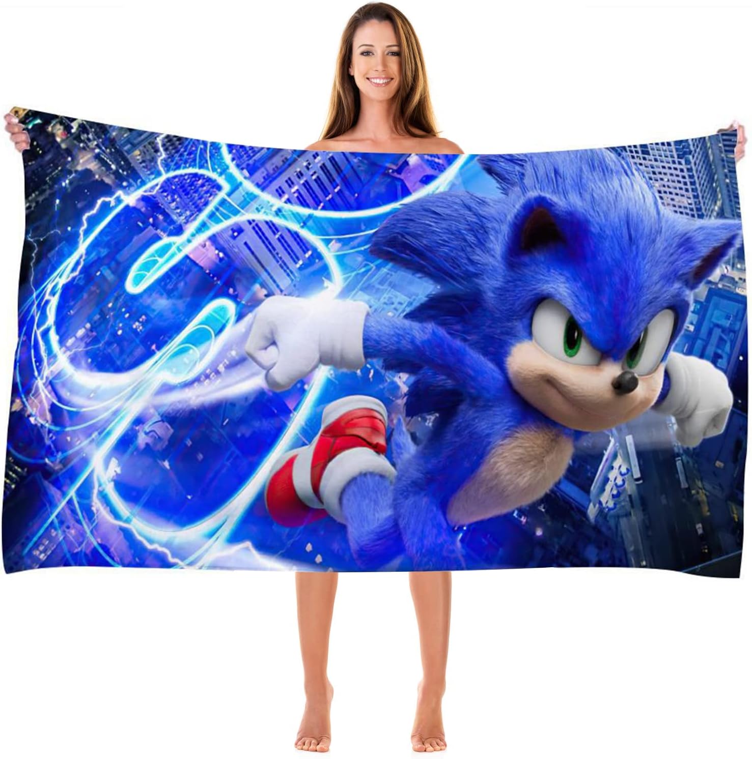 Sonic The Hedgehog 3D Print Bath Towel for Kids Pool Towel Children's Bath Sheets Ultra Soft Super Absorbent Durability Beach Sauna Bathroom Face Towels Teens Adults Daily Use Christmas Gifts Black