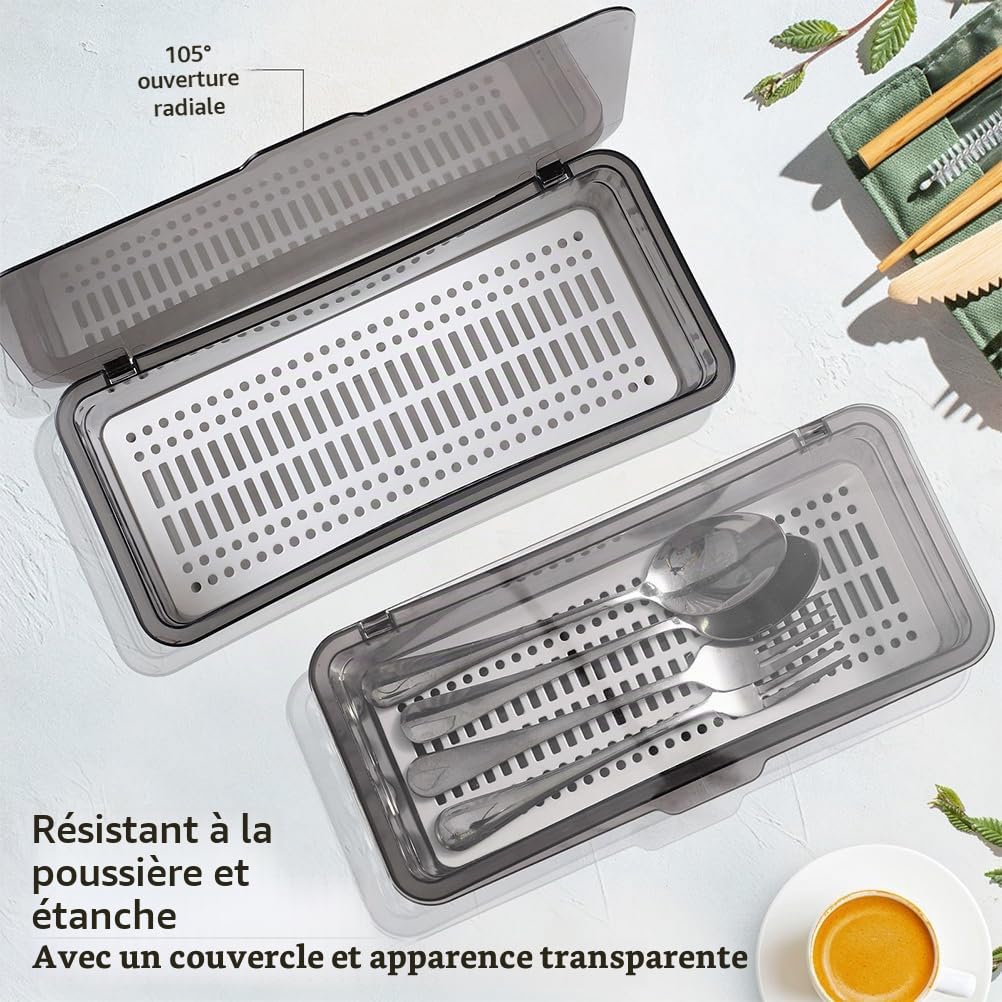 Organisateur De Couverts Multifonction Avec 4 Compartiments Et Couvercle Boîte De Rangement Pour Ustensiles Cuisine Cuillères Fourchettes Baguettes 11.02X5.12X5.51 Pouces
