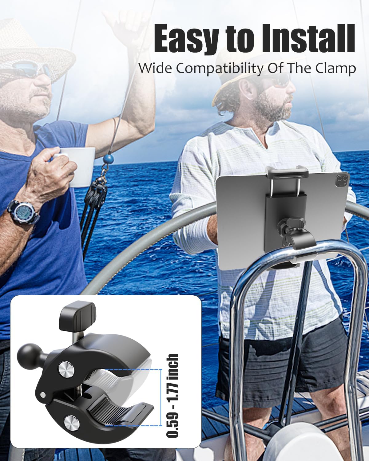 Tablet Holder for Boat Helm Bar Post Rod, 360° Rotation Universal Boat Handlebar Clamp Mount with Aluminum Alloy Base Compatible with iPad Pro 12.9/Air/Mini, Smartphones More Devices 4-13''