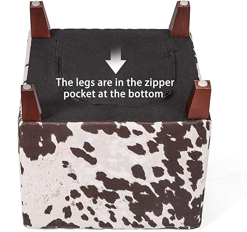 Miniatura 18 de Reposapiés otomano redondo de tela de lino, asiento pequeño con patas de pino para dormitorio, sala de estar (azul) Azul,Redondo, vaca