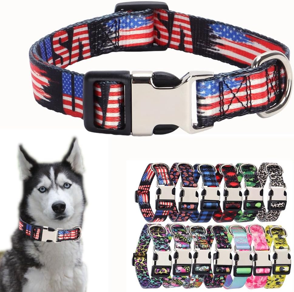 American Flag Dog Collars for Large Dogs, Pretty Pattern USA Dog Collar Metal Buckle Durable Soft Boy Puppy Collars for XSmall Small Medium Large Breed Pet Male Dogs, L