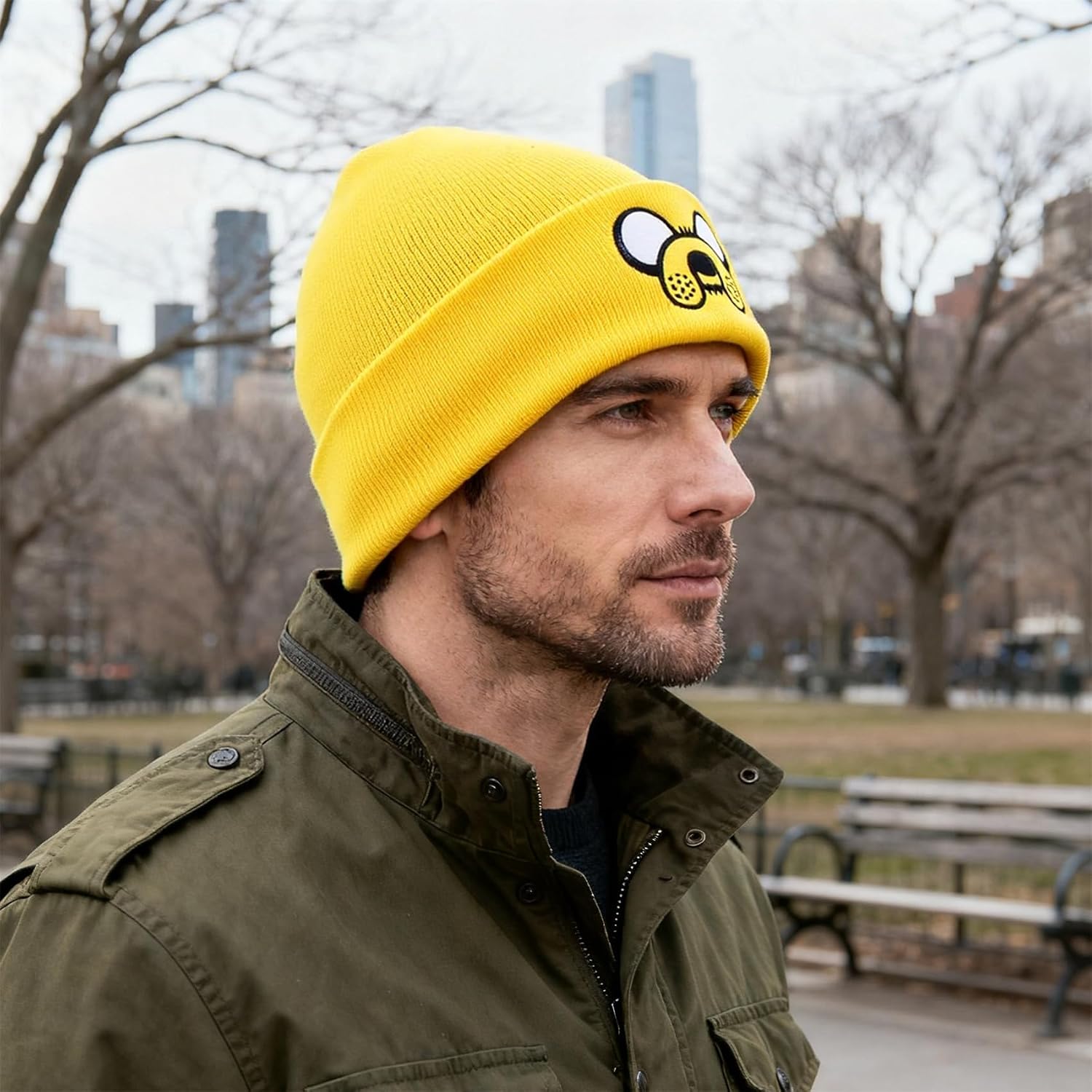 Beanie for Men Women, Unisex Cuffed Yellow Beanies Embroidered Winter Beanies Hats Cartoon Designed Warm Skull Knit Hat Halloween Party Beanie