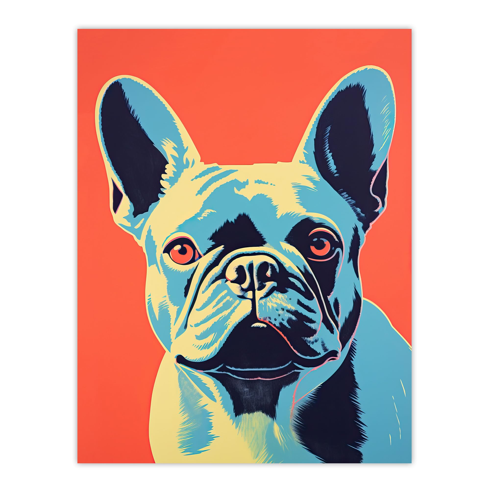 French Bulldog Art Print - Orange & Blue Bold Vibrant Screen Print - Risograph Coral Teal Artwork - Unframed - W24" x H32"