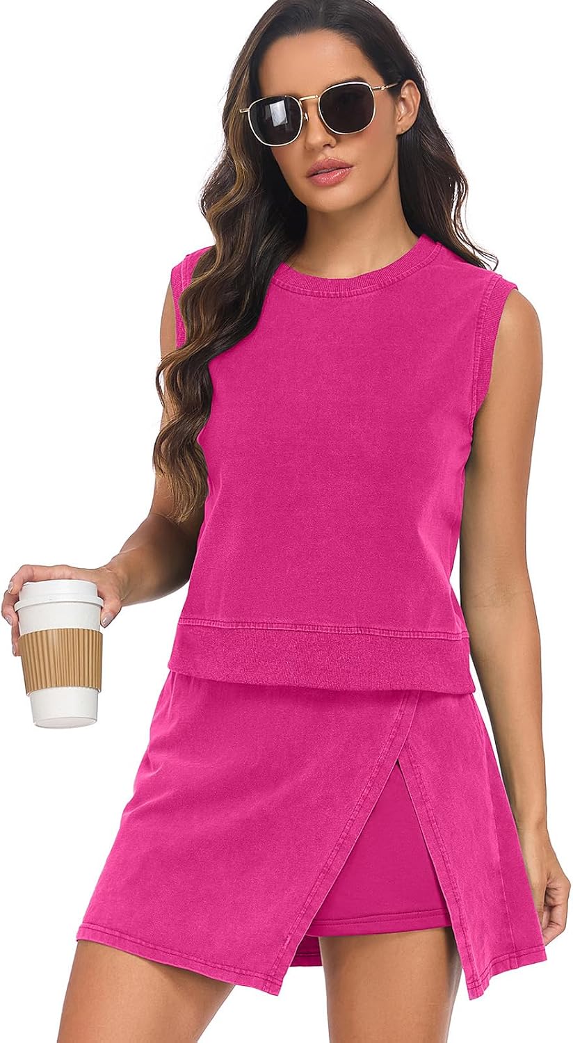 Women's Summer Outfits Two Pieces Lounge Set Wash Cotton Sleeveless Tank Top Skort Set Split Athletic Skirt with Shorts