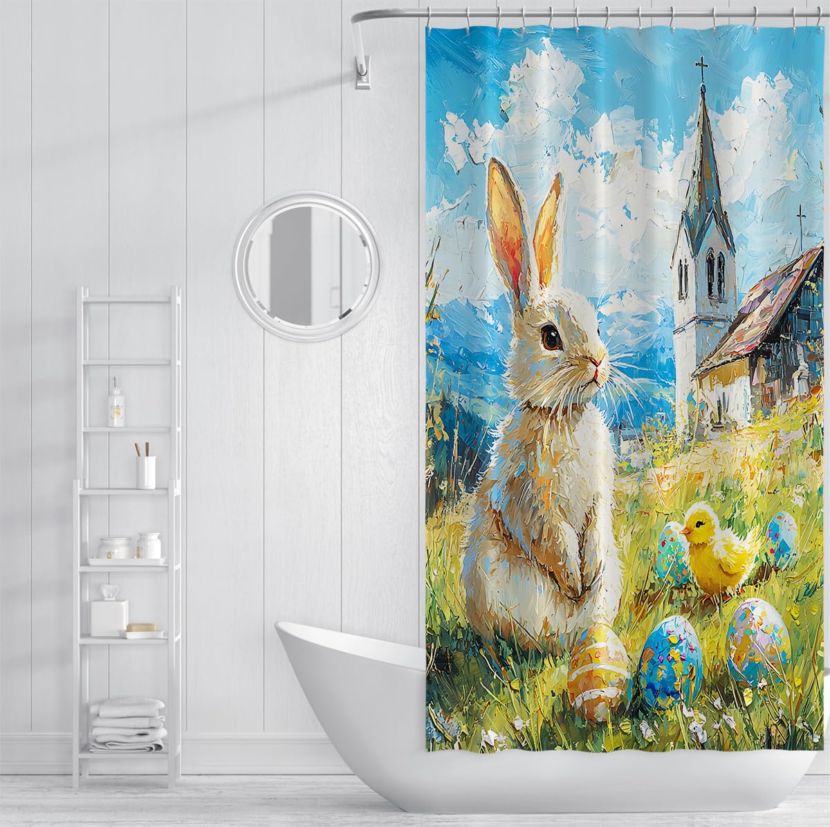 Impressionistische Kunstästhetik Duschvorhang Pastorale Ostereier Niedliche Küken-Badewannenvorhänge für Moderne Wohnaccessoires 180 x 180 cm