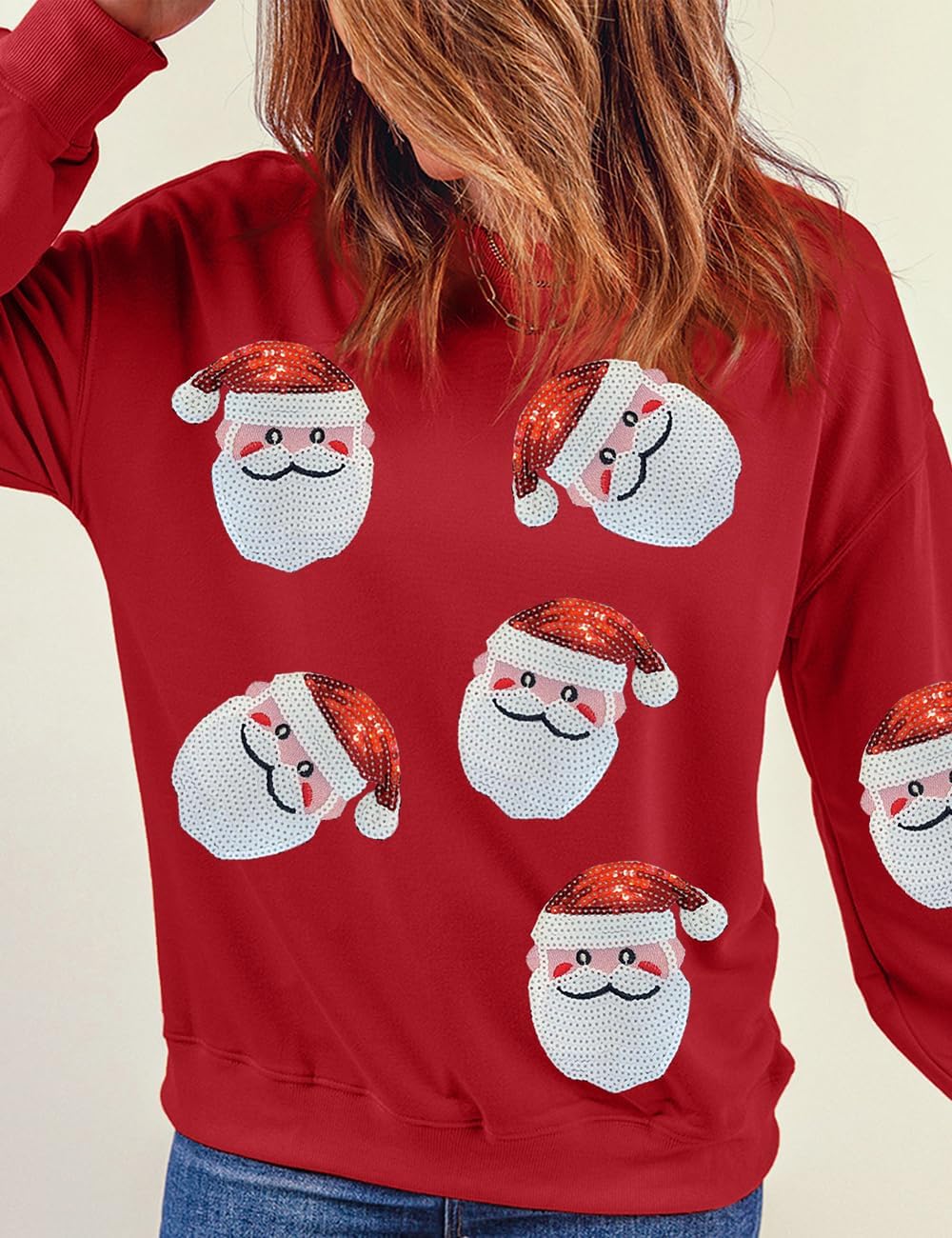 Ecosunny Christmas Sweatshirts Womens Sequin Santa Graphic Shirt Csausl Crewneck Long Sleeve Holiday Pullover Tops - Image 2