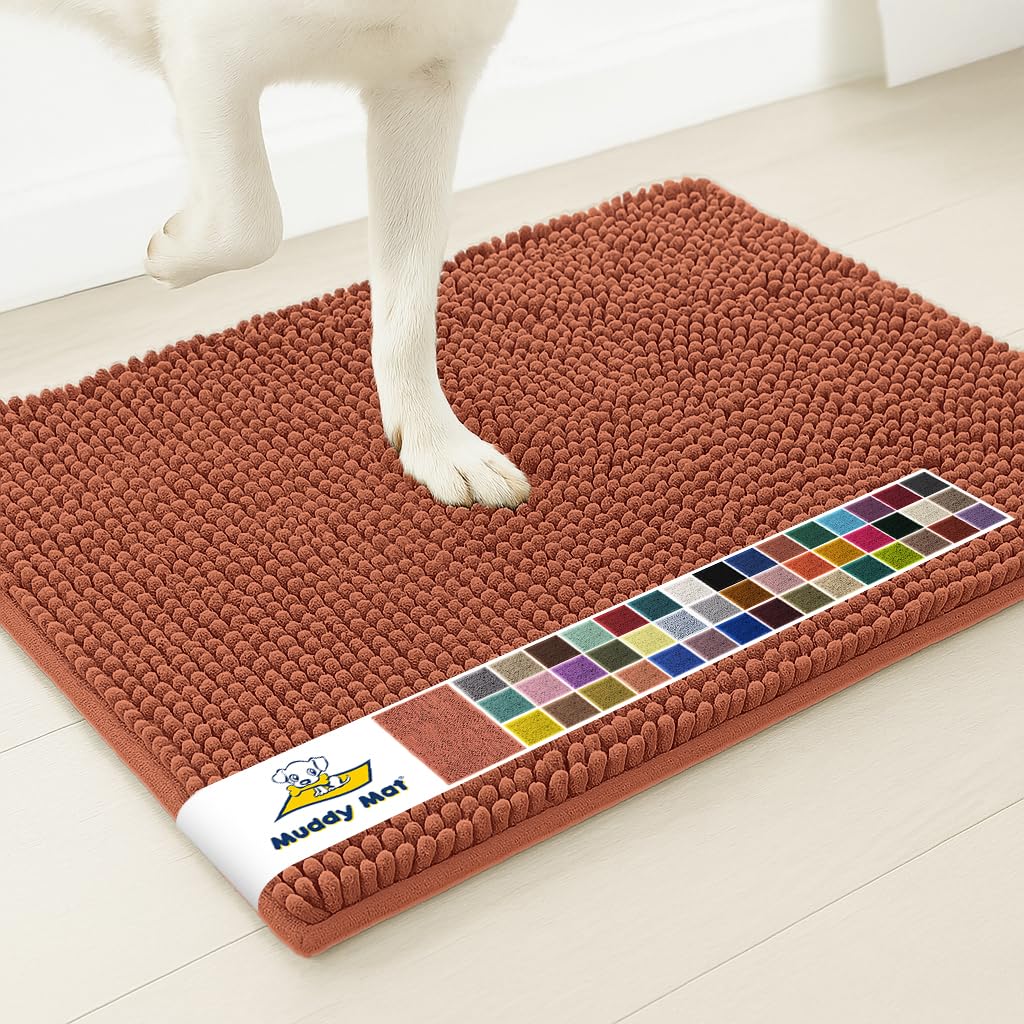 Muddy Mat® | Super Water Absorbent Door Mat Indoor, Microfiber Quick Dry Chenille Entryway Rug, Slip Resistant Front Door Mat, Indoor Mats for Entryway, Machine Washable Pet Rug, Orange 28"x18"